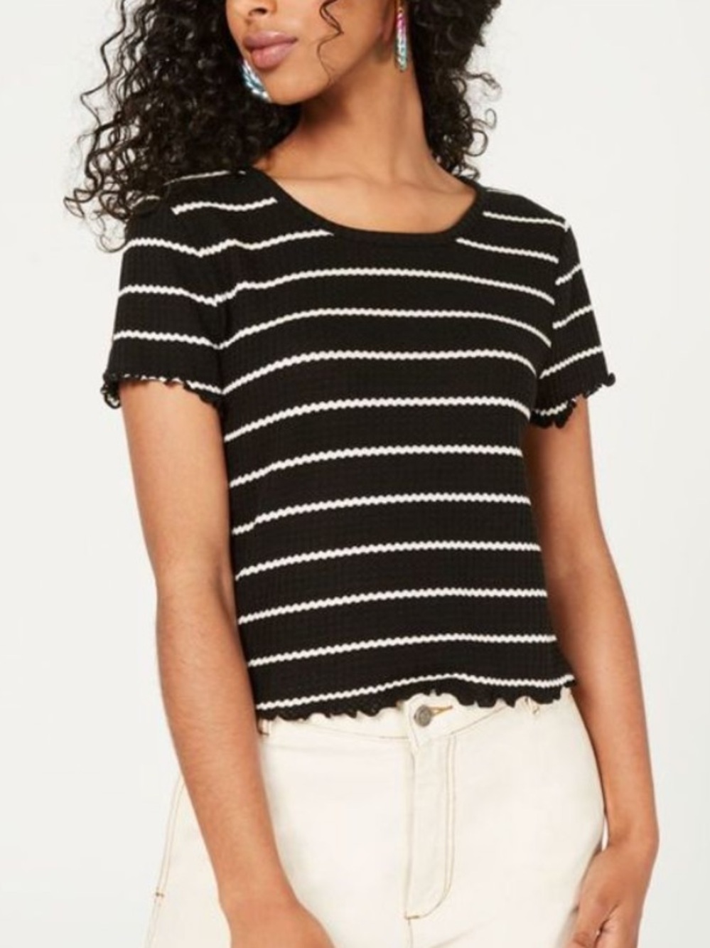 Y2K Self E Black & White Striped Knit Tee Top Ribbed size Medium Edgy Grunge
